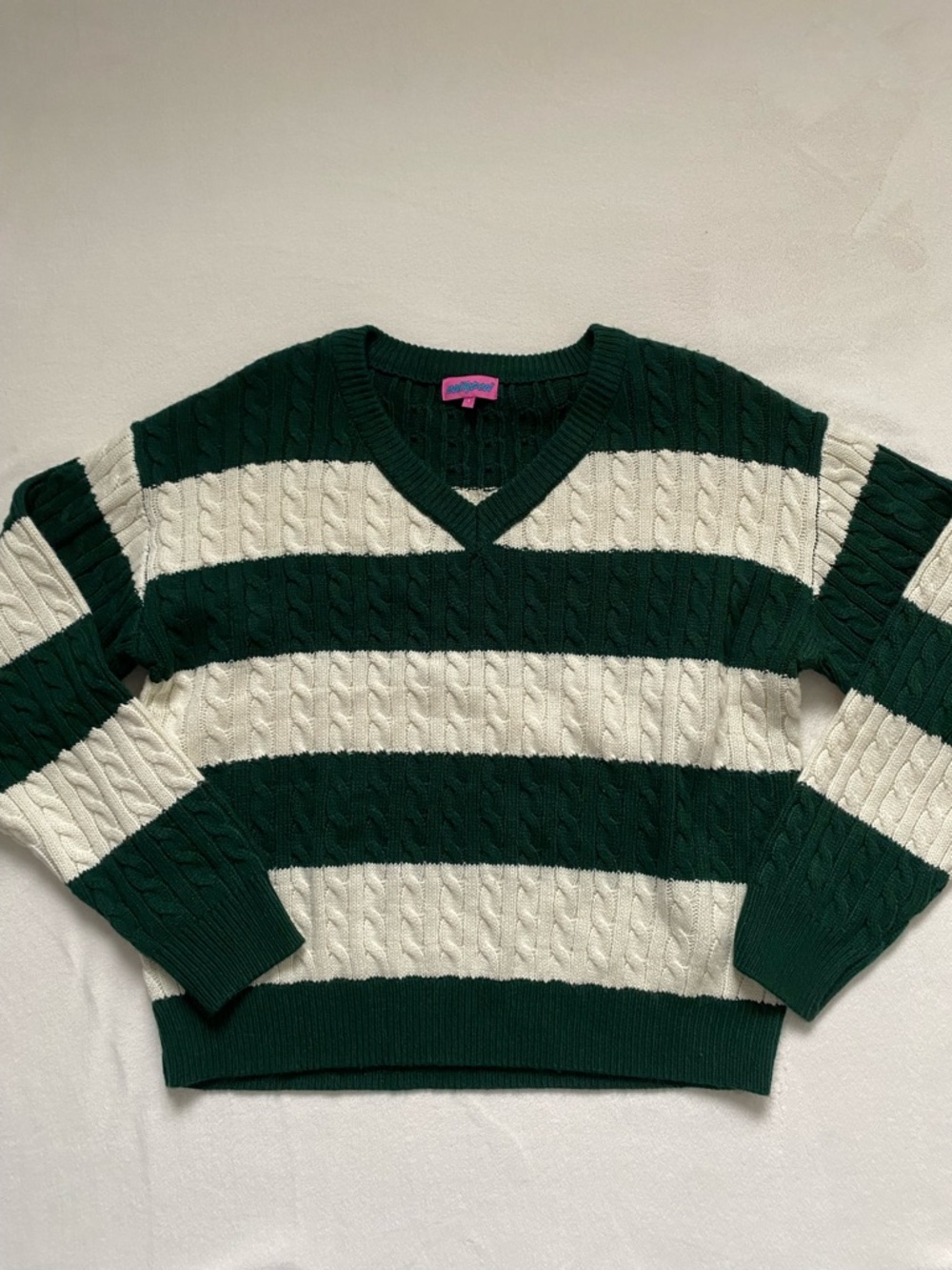 Edikted Green and White Striped Cable Knit V-Neck Sweater